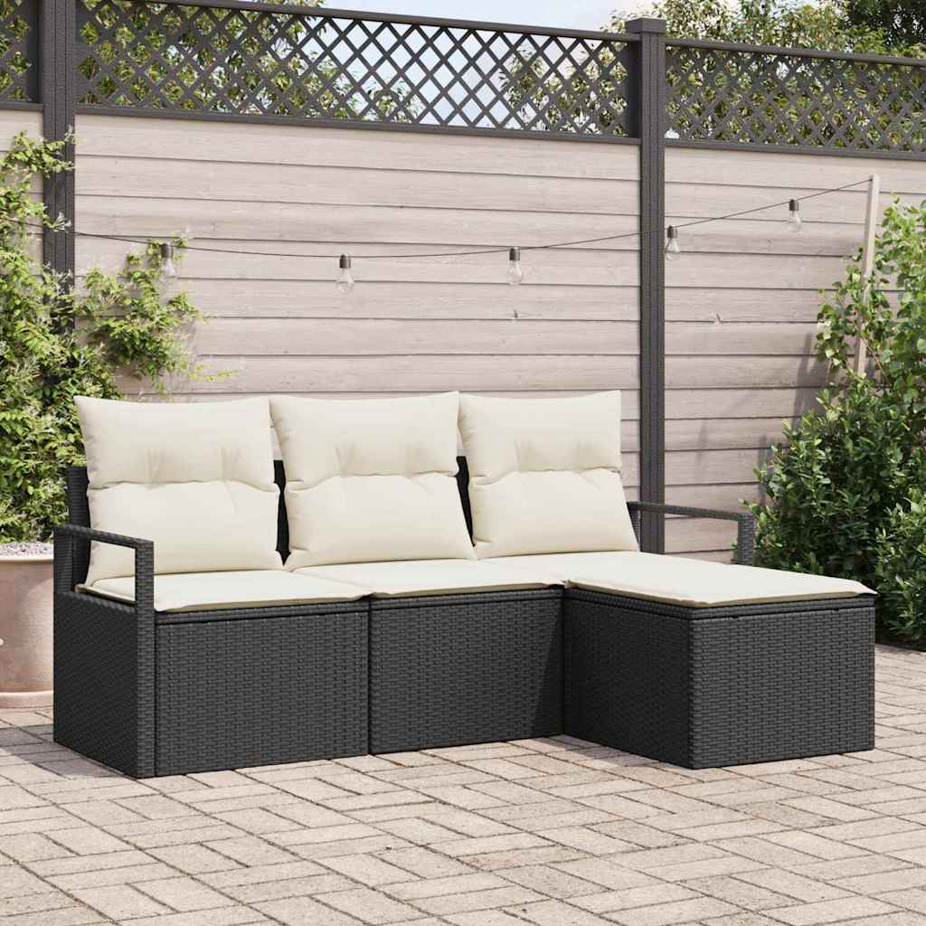 Sofa Set mit Kissen 4 pcs Schwarz Poly Rattan