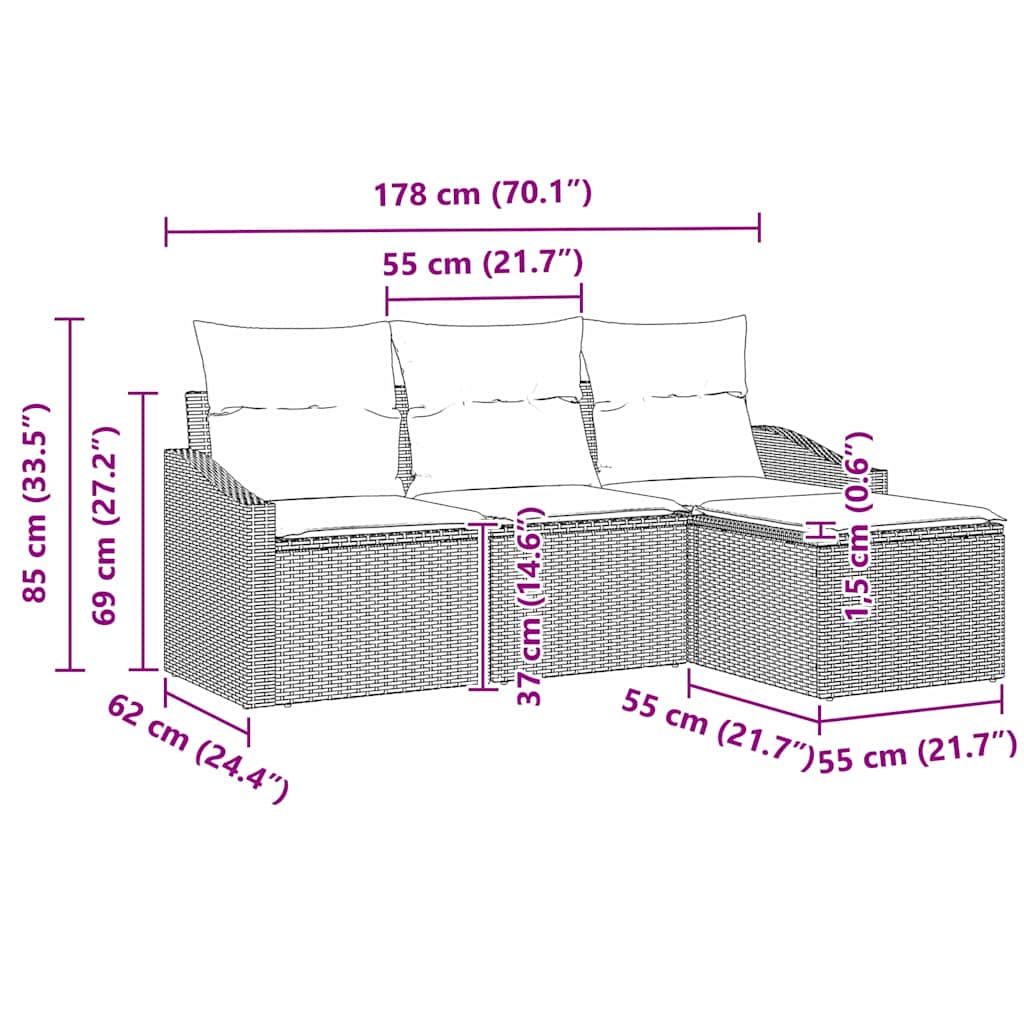 Sofa Set 4 stk. Grau [Synthetisch]: Poly Rattan