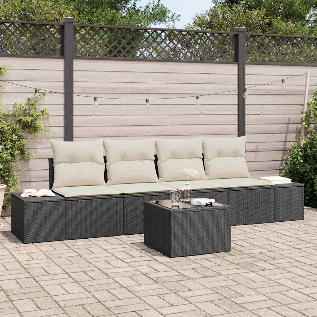 Sofa Set 5 stk. Schwarz und Creme [Synthetisch]: Poly Rattan