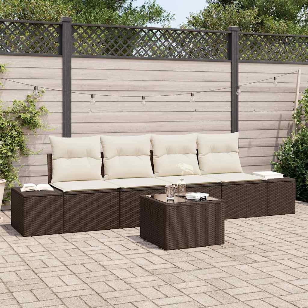 Sofa Set mit Kissen 5 pcs Braun und Creme Poly Rattan