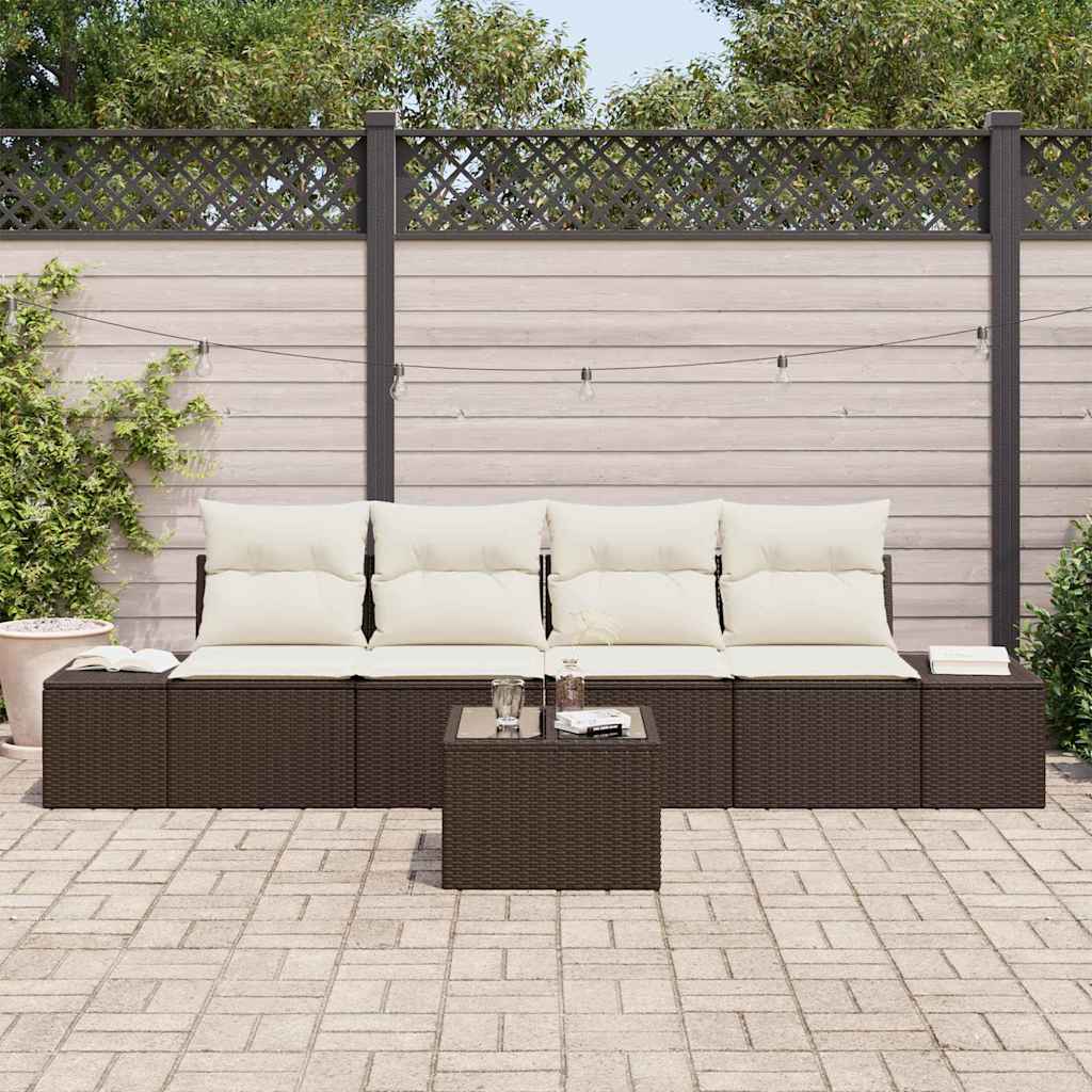 Sofa Set mit Kissen 5 pcs Braun und Creme Poly Rattan