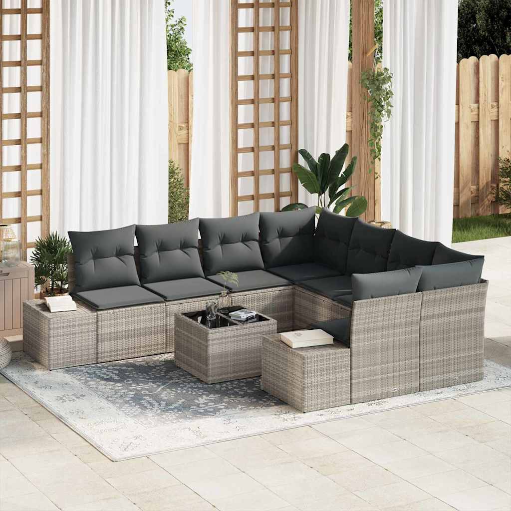 Sofa Set mit Kissen 9 pcs Hellgrau Poly Rattan