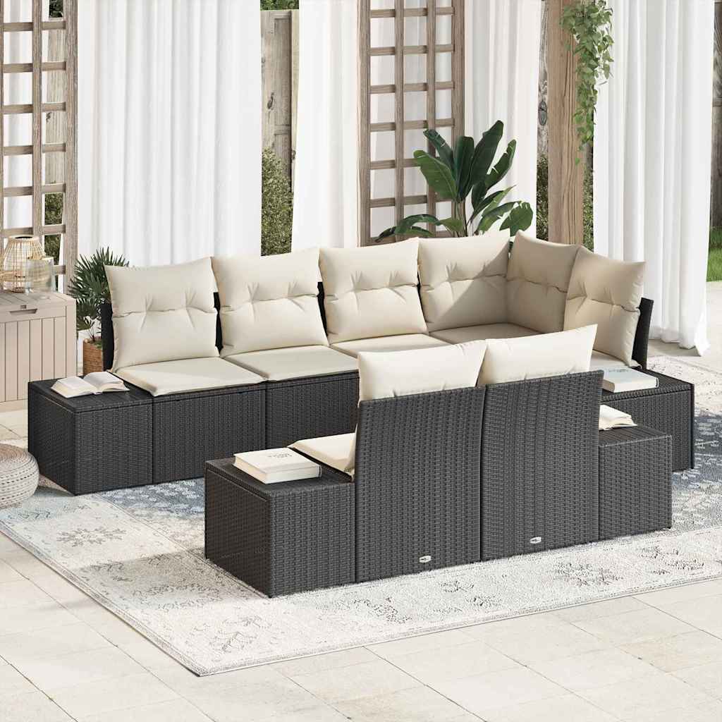 Gartensofa-set 7 stk. Schwarz und Creme Poly-Rattan
