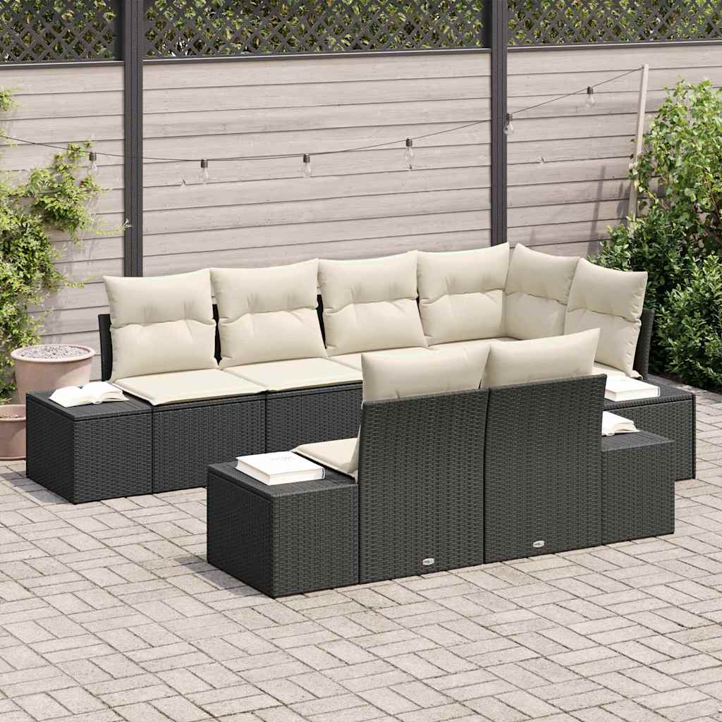 Gartensofa-set 7 stk. Schwarz und Creme Poly-Rattan