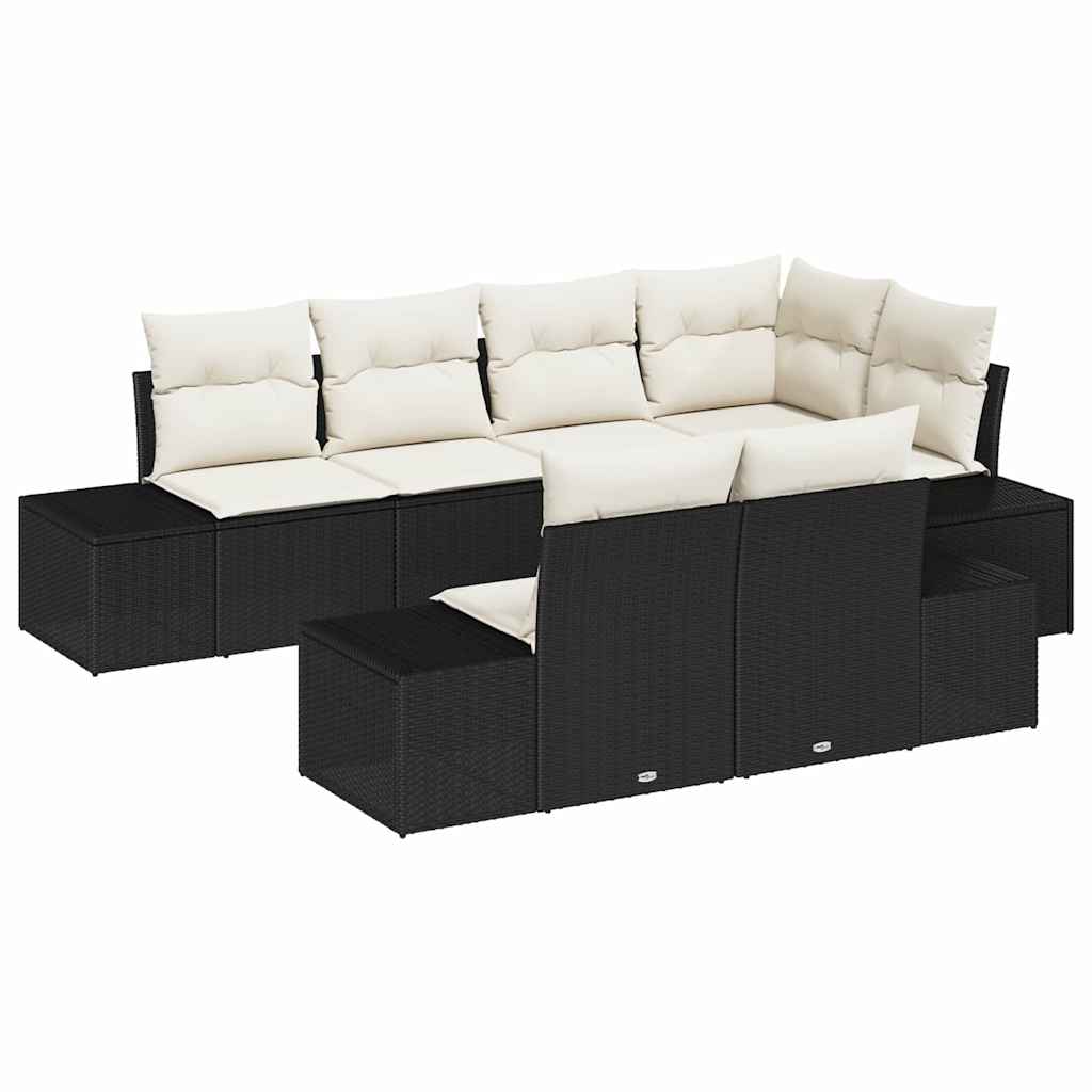 Gartensofa-set 7 stk. Schwarz und Creme Poly-Rattan