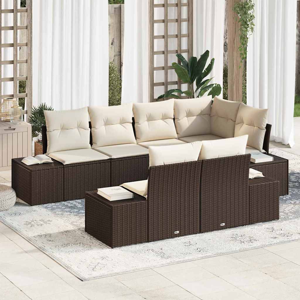 Gartensofa-set 7 Stk. Braun und Creme Poly-Rattan
