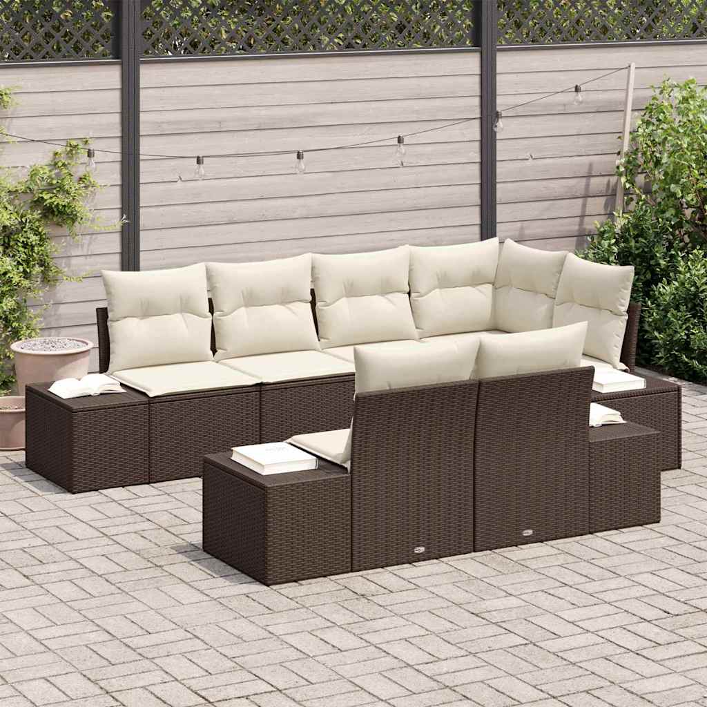 Gartensofa-set 7 Stk. Braun und Creme Poly-Rattan