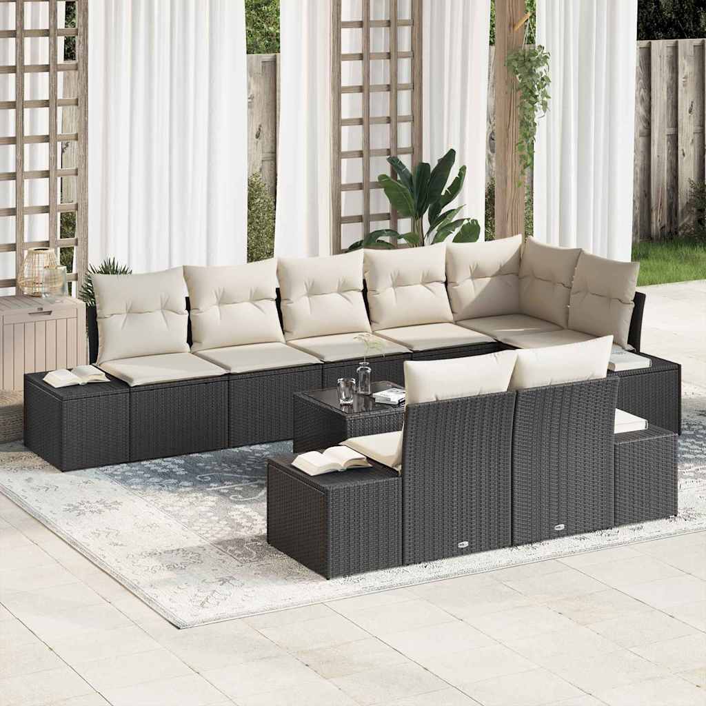 Gartensofa-set mit Kissen 9 pcs Schwarz und Creme Poly-Rattan