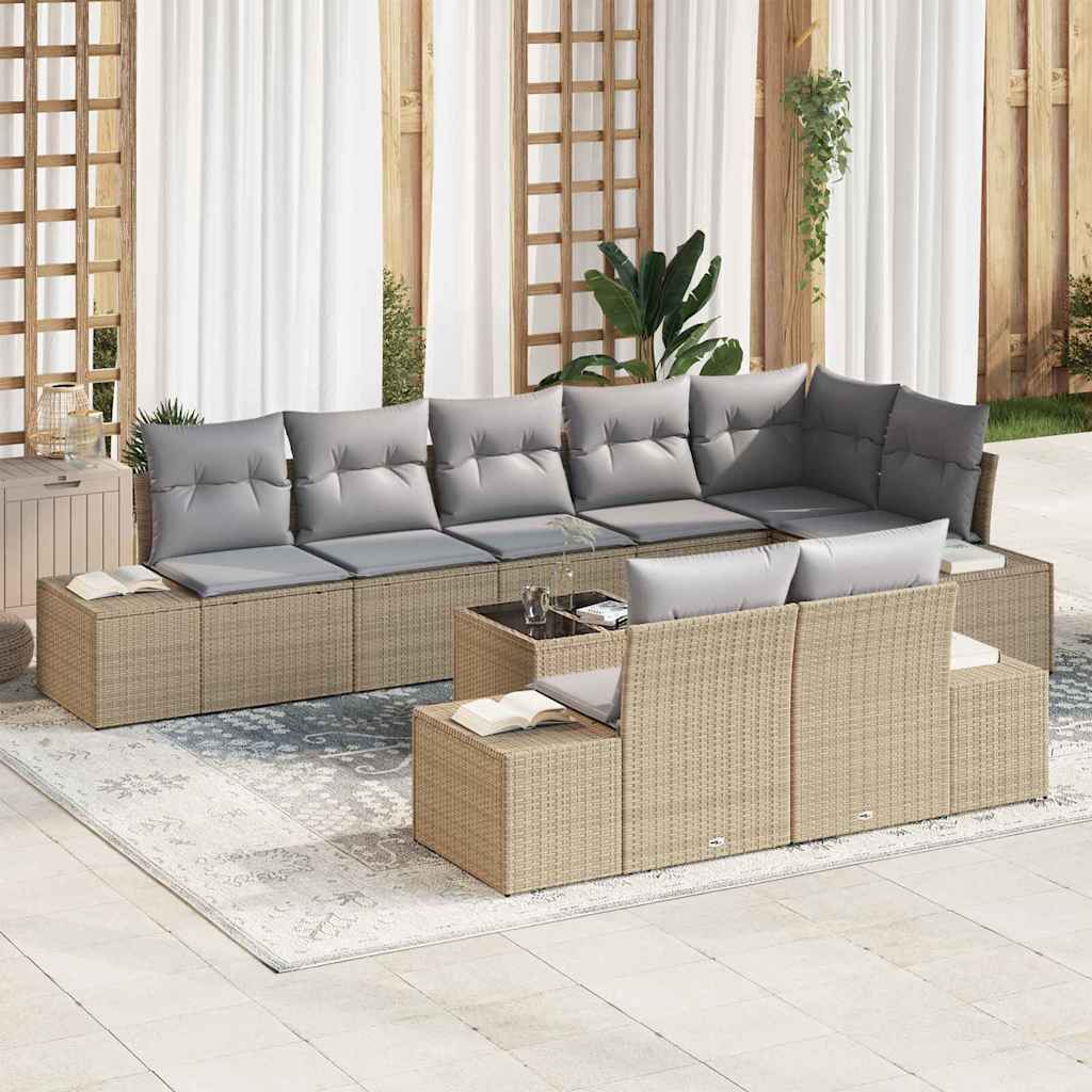Gartensofa-set mit Kissen 9 pcs Beige und Grau Poly-Rattan