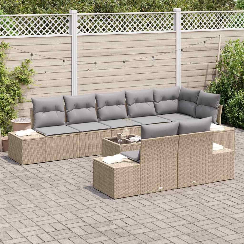 Gartensofa-set mit Kissen 9 pcs Beige und Grau Poly-Rattan