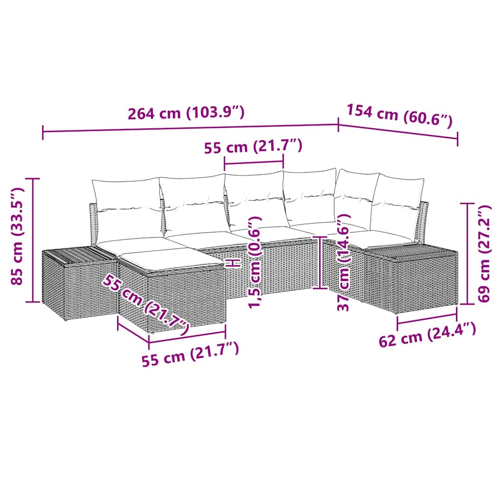Gartensofa-set 6 stk. Schwarz Poly-Rattan