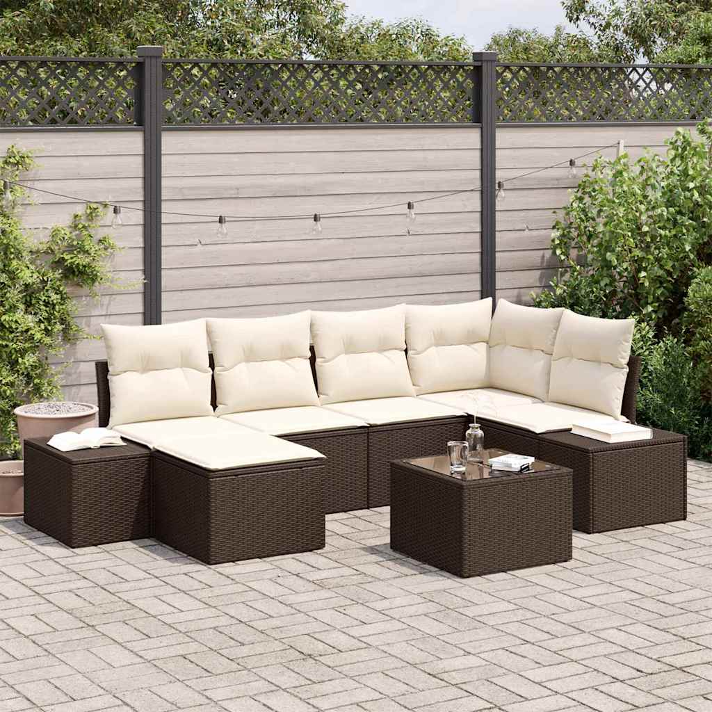 Gartensofa-set 7 Stk. Braun und Creme Poly-Rattan