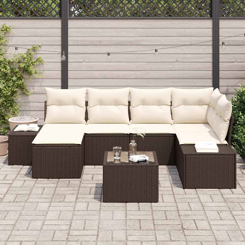 Gartensofa-set 7 Stk. Braun und Creme Poly-Rattan