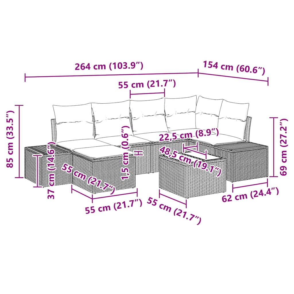Gartensofa-set 7 stk. Hellgrau Poly-Rattan