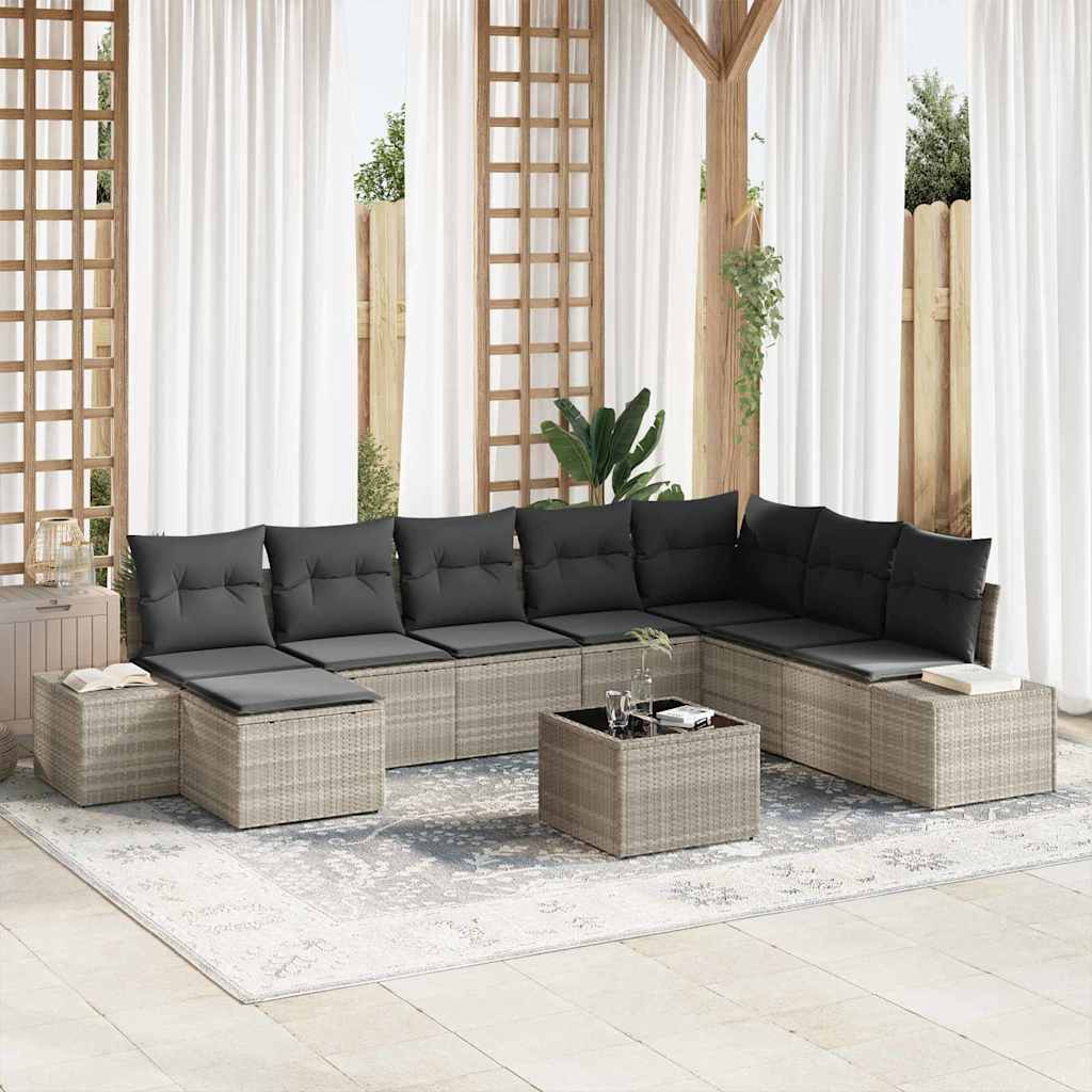 Gartensofa-set 9 stk. Hellgrau Poly-Rattan