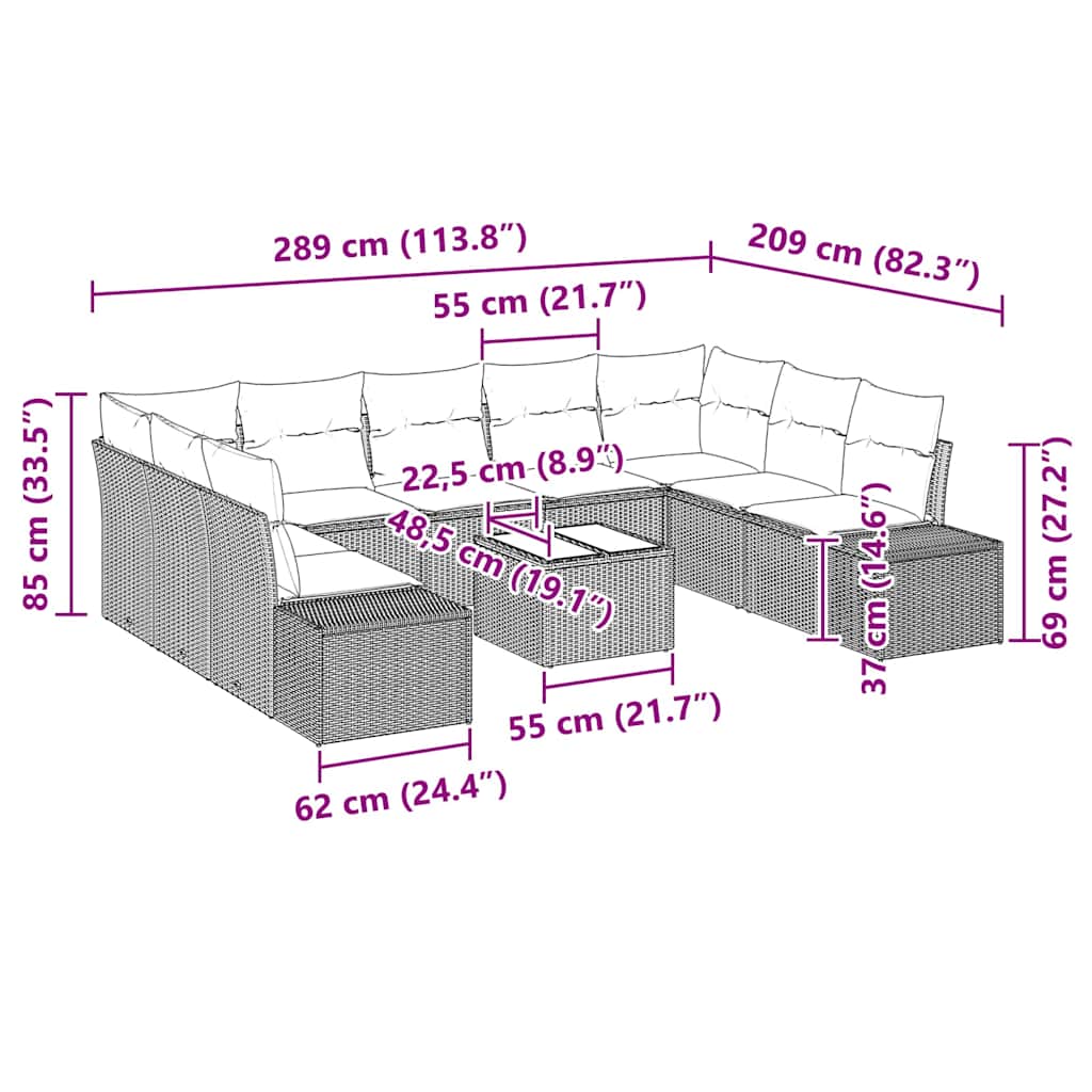 Gartensofa-set 10 stk. Grau Poly-Rattan