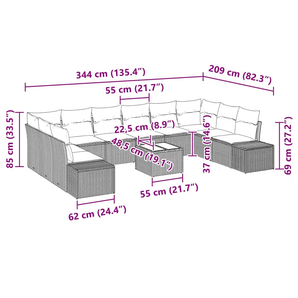Gartensofa-set 11 stk. Hellgrau Poly-Rattan