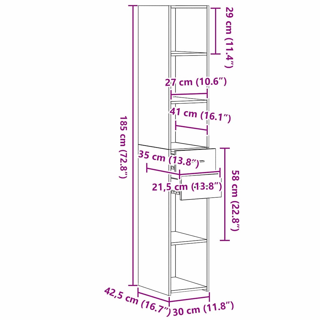 Bücherregal mit Schubladen Altholz 30 x 42,4 x 185,2 cm