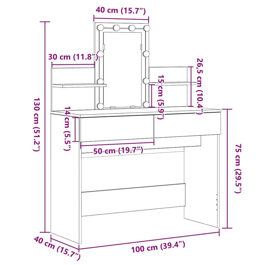 Schminktisch Altholz 100 x 40 x 130 cm Holzwerkstoff
