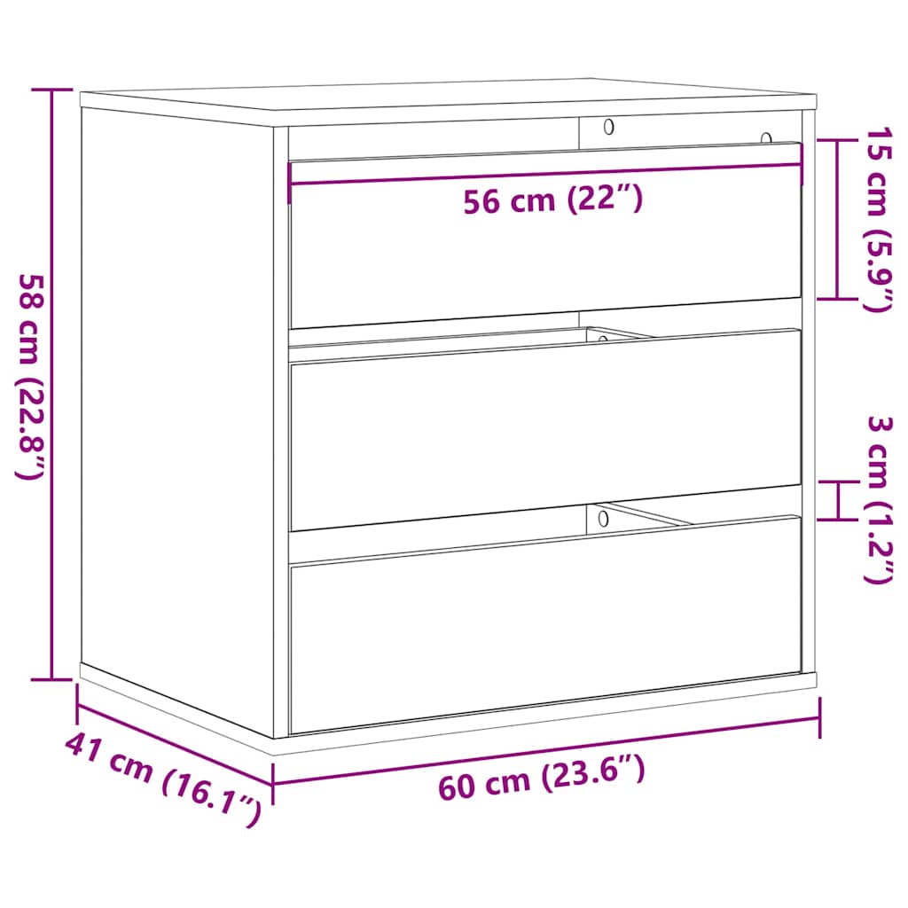 Schubladenschrank 3-Schublade Schwarz 61 x 41 x 58 cm