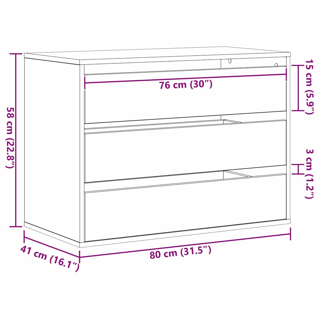 Schubladenschrank 3-Schublade Schwarz 80 x 41 x 58 cm