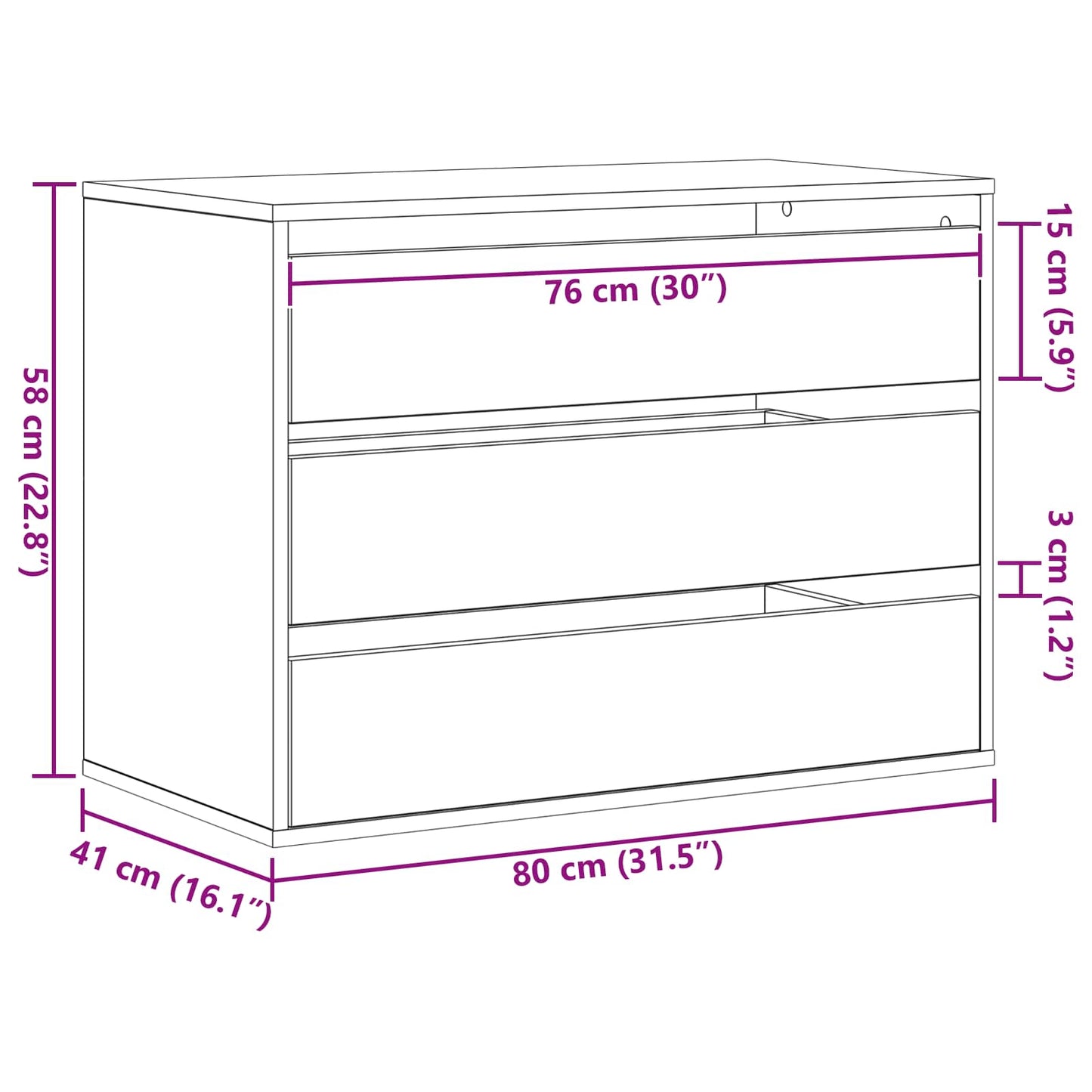 Schubladenschrank 3-Schublade Schwarz 80 x 41 x 58 cm