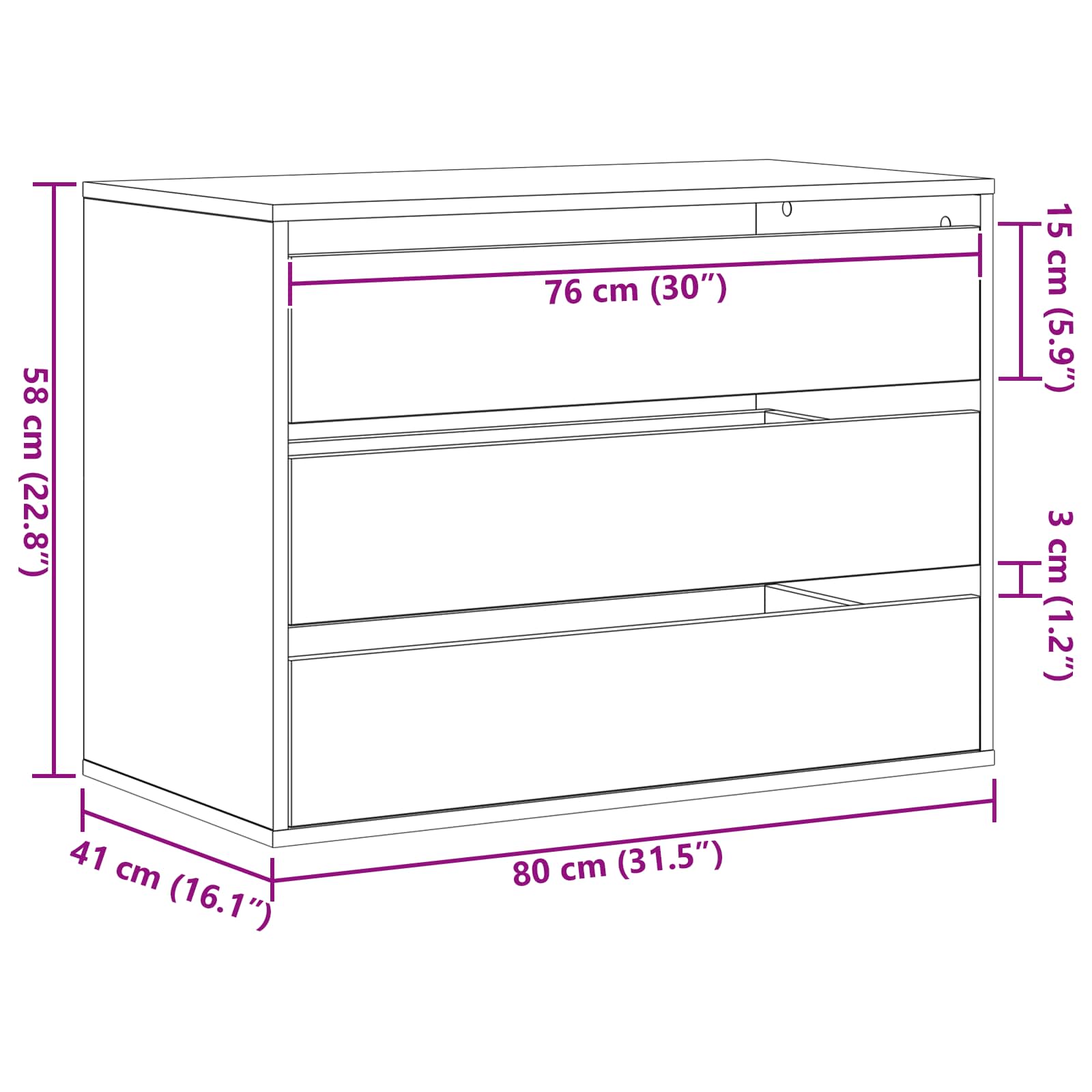 Schubladenschrank 3-Schublade Schwarz 80 x 41 x 58 cm