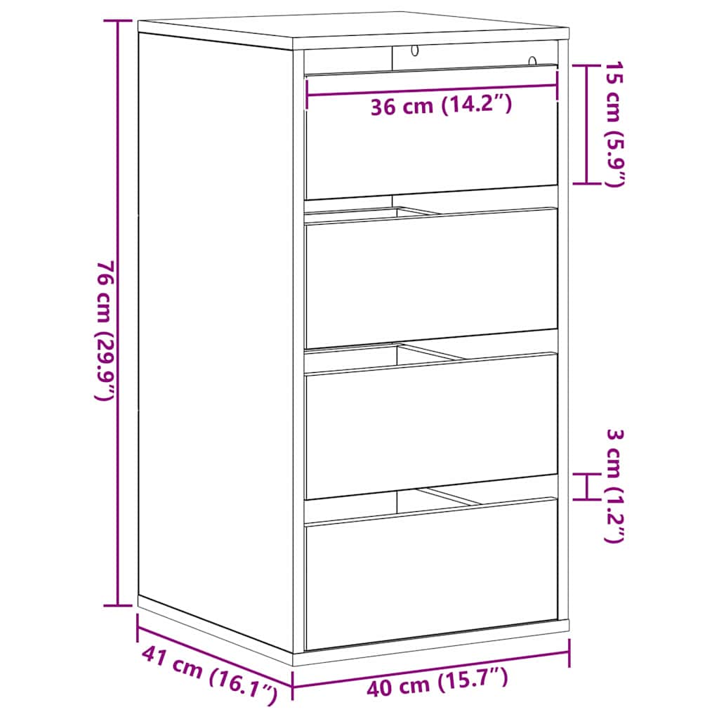 Schubladenschrank 3-Schublade Schwarz 40 x 41 x 76 cm