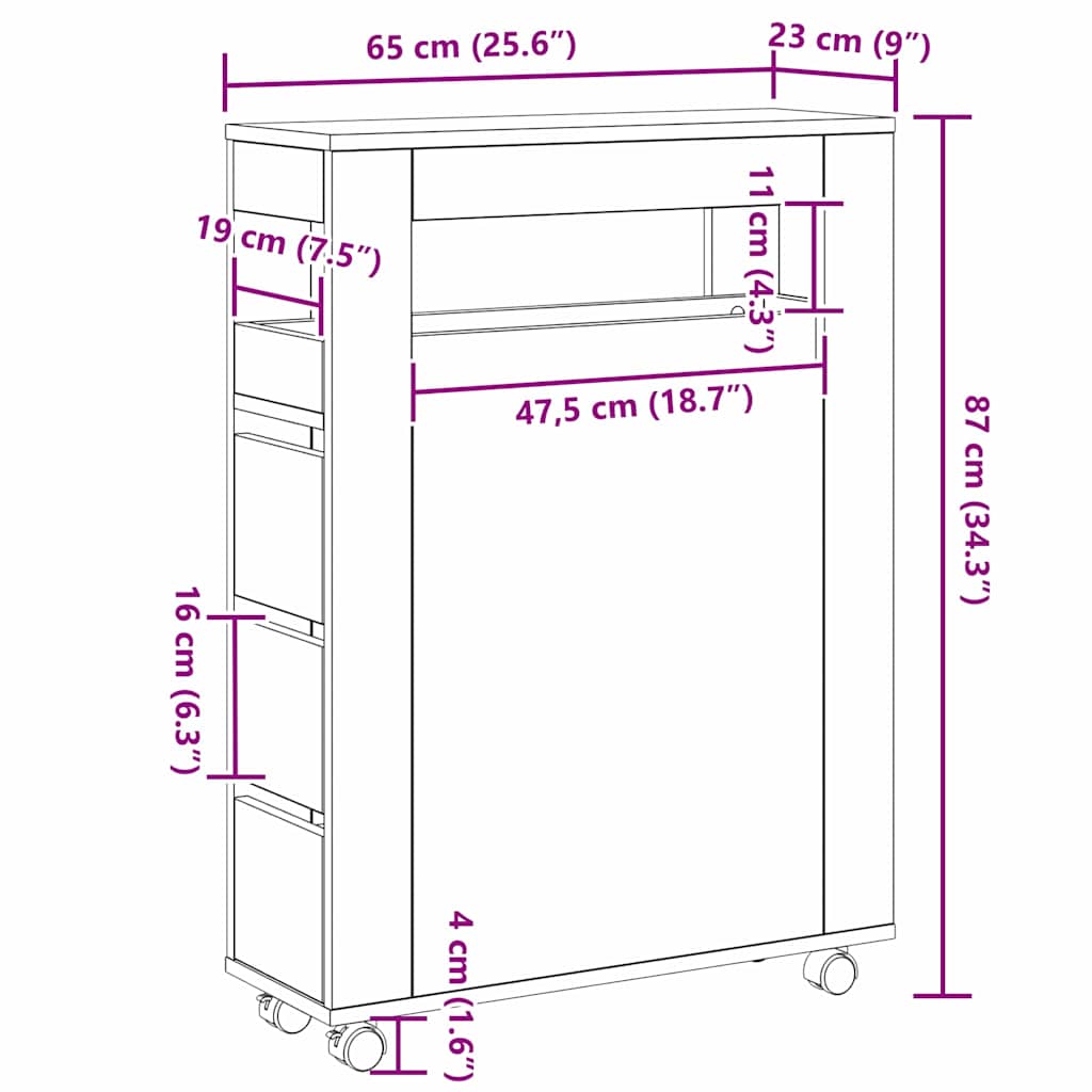 Schmaler Badezimmer-Schrank Schwarz Eichen-Optik