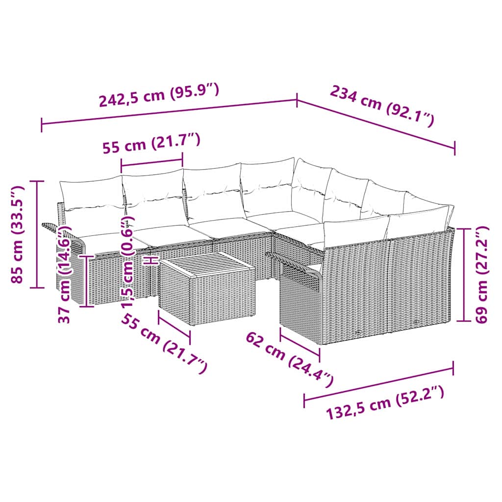 Gartensofa-set 9 stk. Schwarz Poly-Rattan