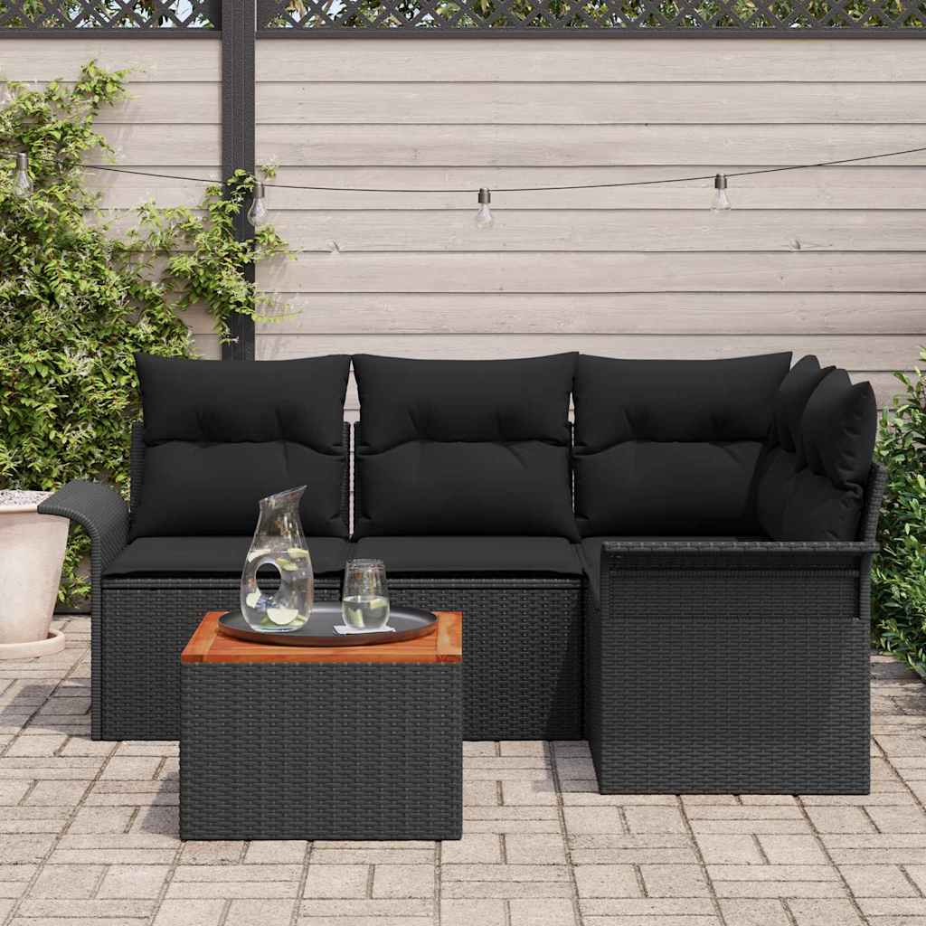 Gartensofa-set mit Kissen 5 pcs Schwarz Poly-Rattan