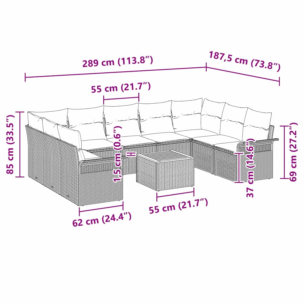 Gartensofa-set 10 stk. Grau Poly-Rattan