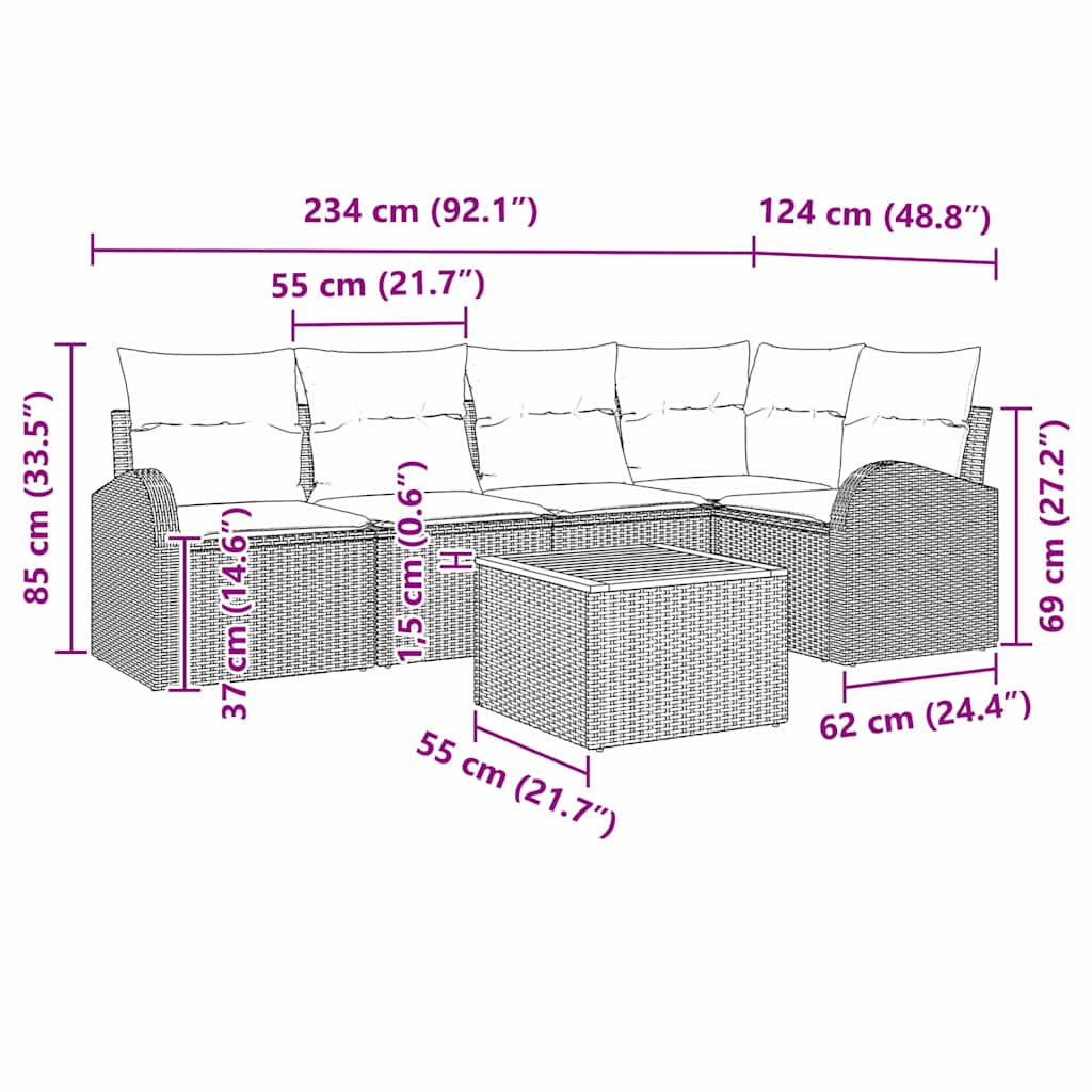 Gartensofa-set 6 stk. Schwarz Poly-Rattan