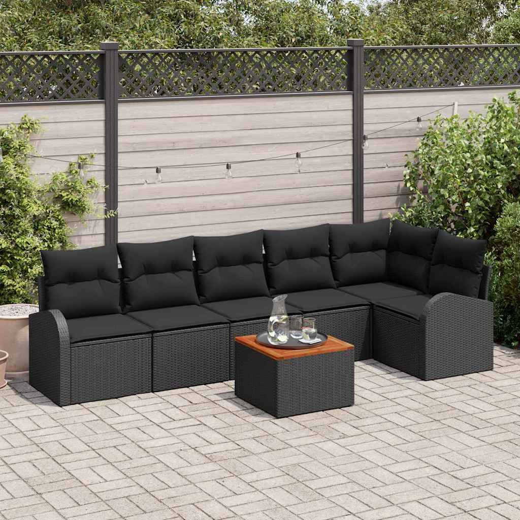Gartensofa-set mit Kissen 7 pcs Schwarz Poly-Rattan