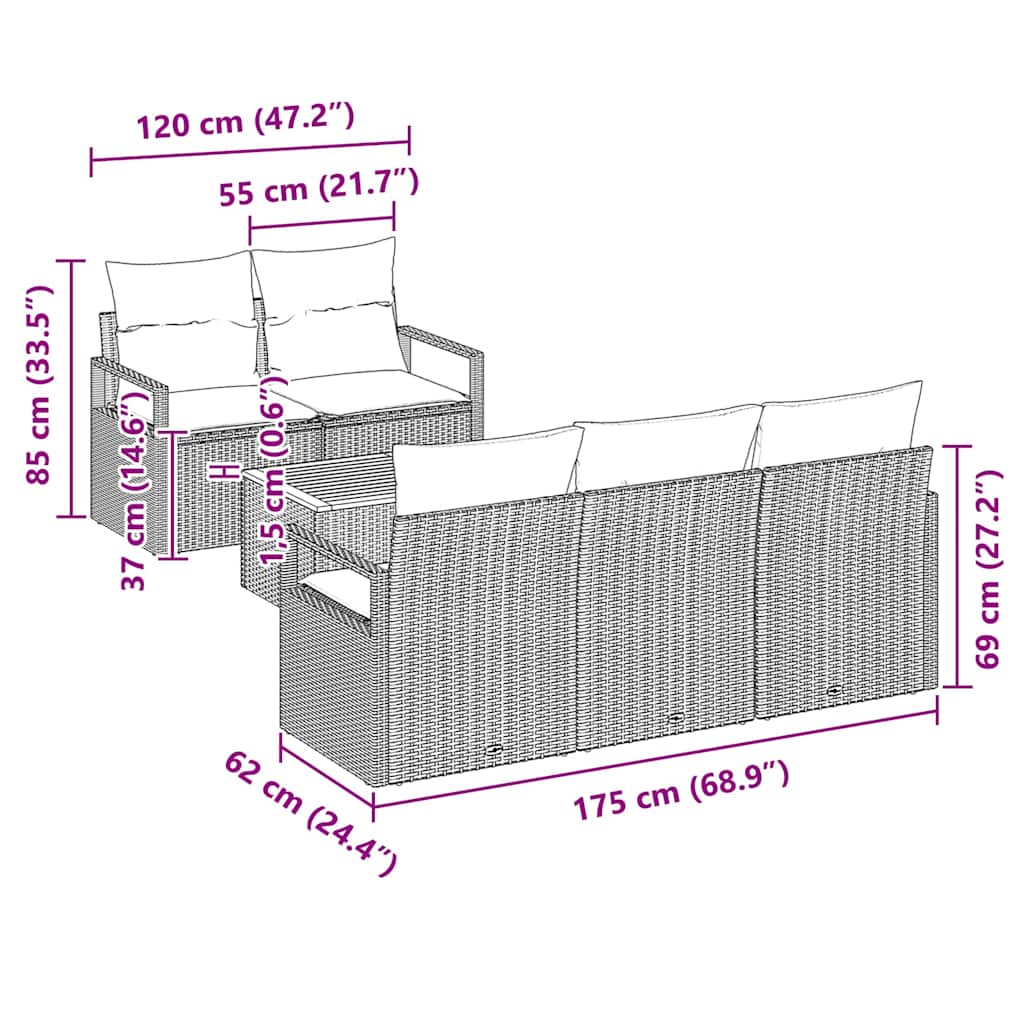 Gartensofa-set 6 stk. Schwarz Poly-Rattan