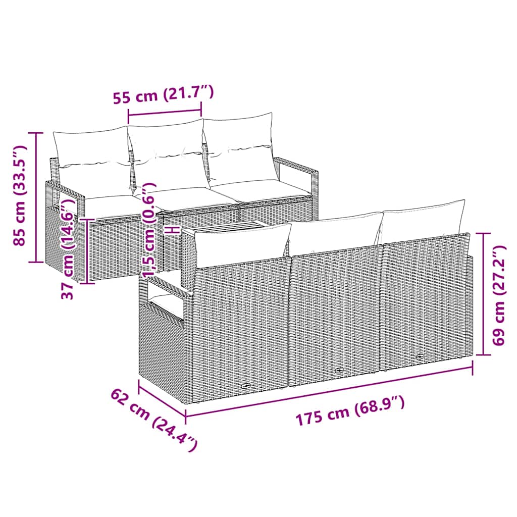 Gartensofa-set mit Kissen 7 pcs Schwarz Poly-Rattan