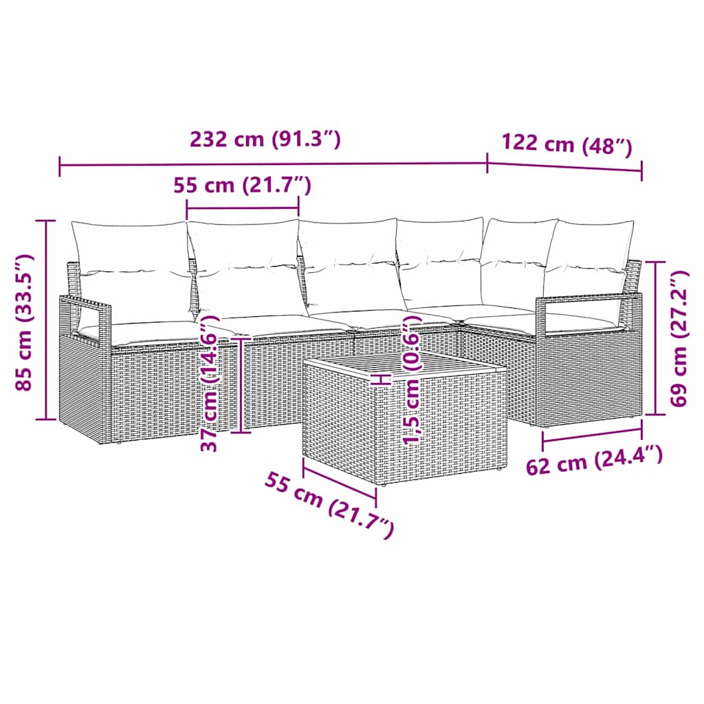 Gartensofa-set 6 stk. Schwarz Poly-Rattan