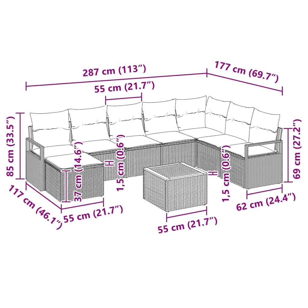 Gartensofa-set 9 stk. Schwarz Poly-Rattan