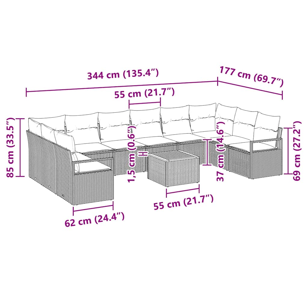 Gartensofa-set 11 stk. Grau Poly-Rattan