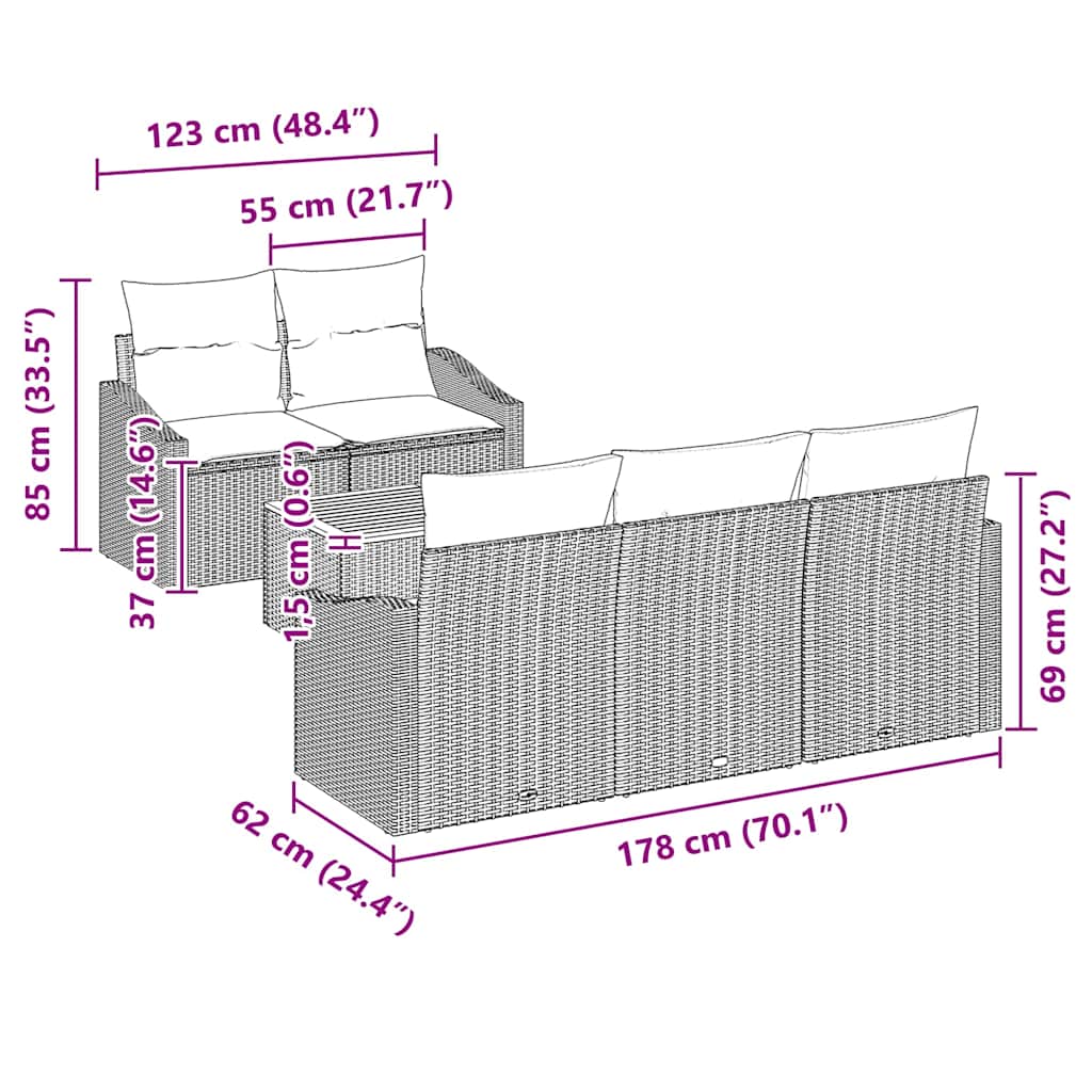 Gartensofa-set 6 stk. Grau Poly-Rattan