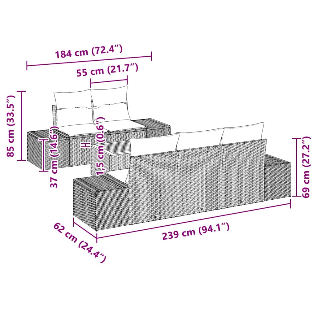 Gartensofa-set 6 stk. Schwarz Poly-Rattan