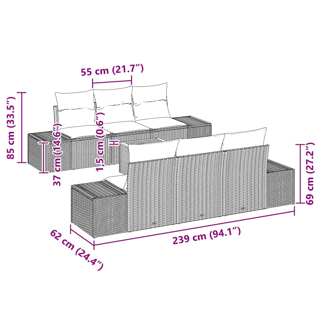 Gartensofa-set 7 stk. Schwarz Poly-Rattan