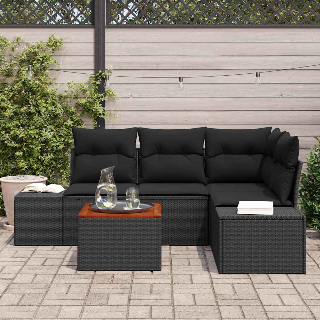 Gartensofa-set mit Kissen 5 pcs Schwarz Poly-Rattan