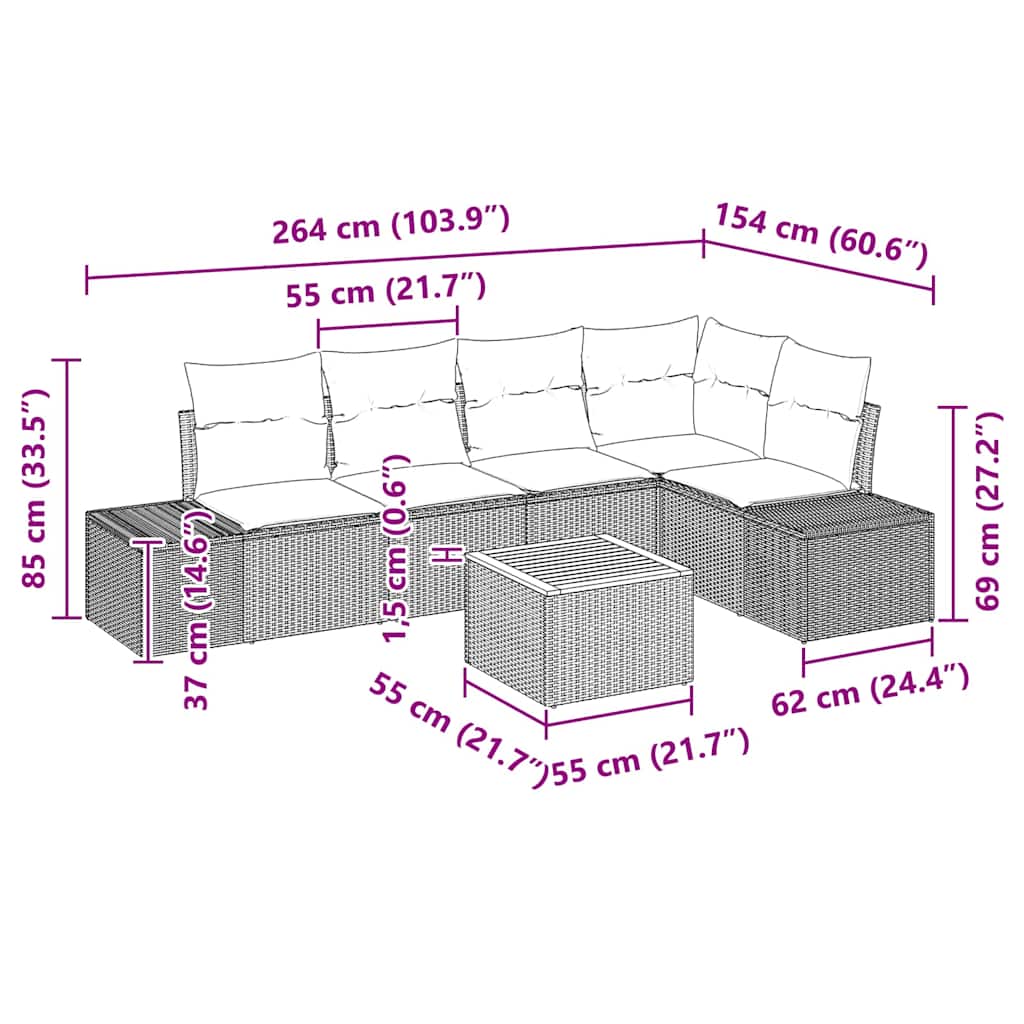 Gartensofa-set 6 stk. Schwarz Poly-Rattan