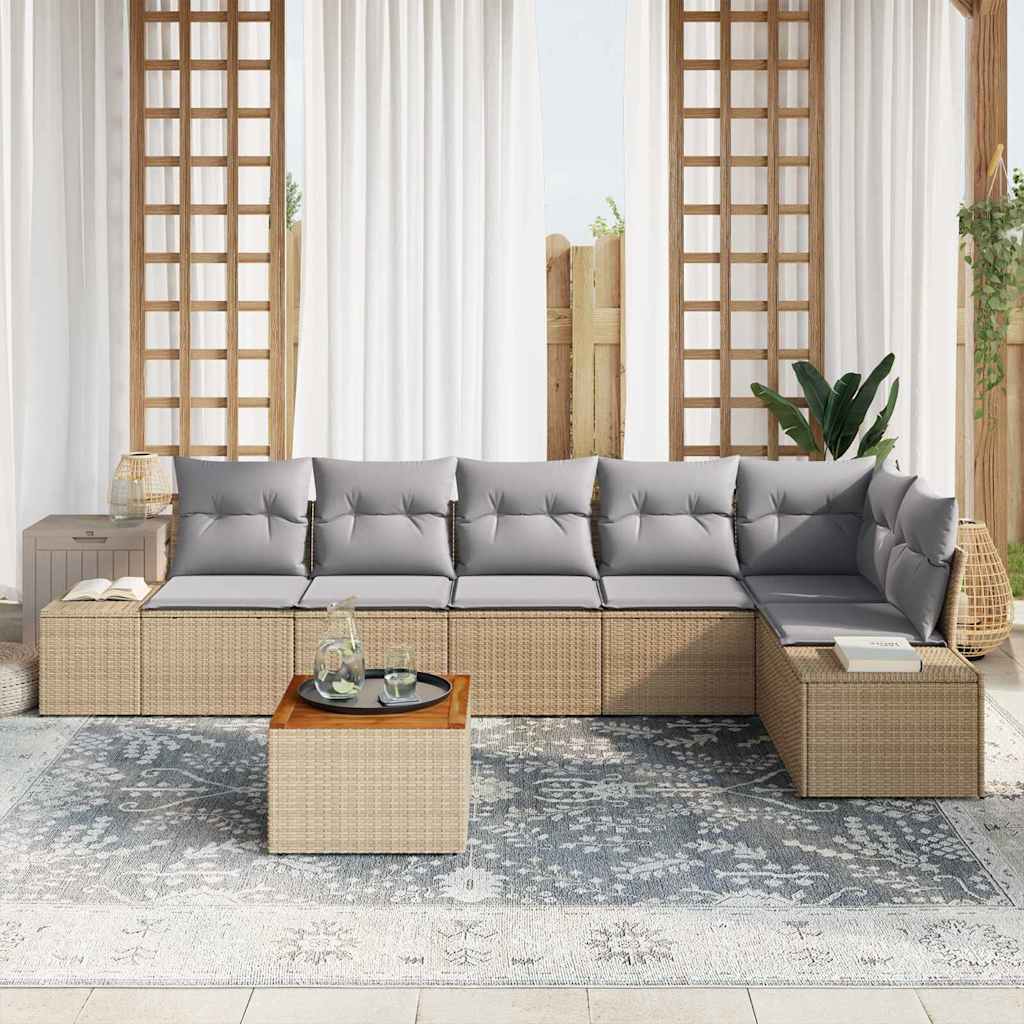 Gartensofa-set mit Kissen 7 pcs Beige Poly-Rattan