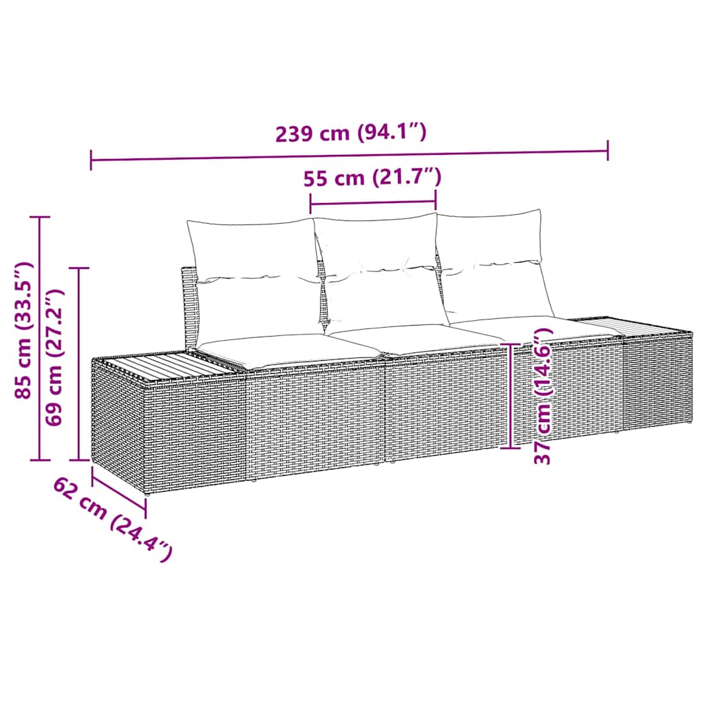Gartensofa-set 3 stk. Grau Poly-Rattan