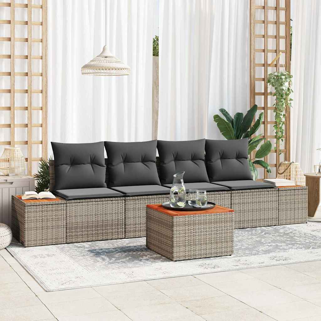 Gartensofa-set mit Kissen 5 pcs Grau Poly Rattan
