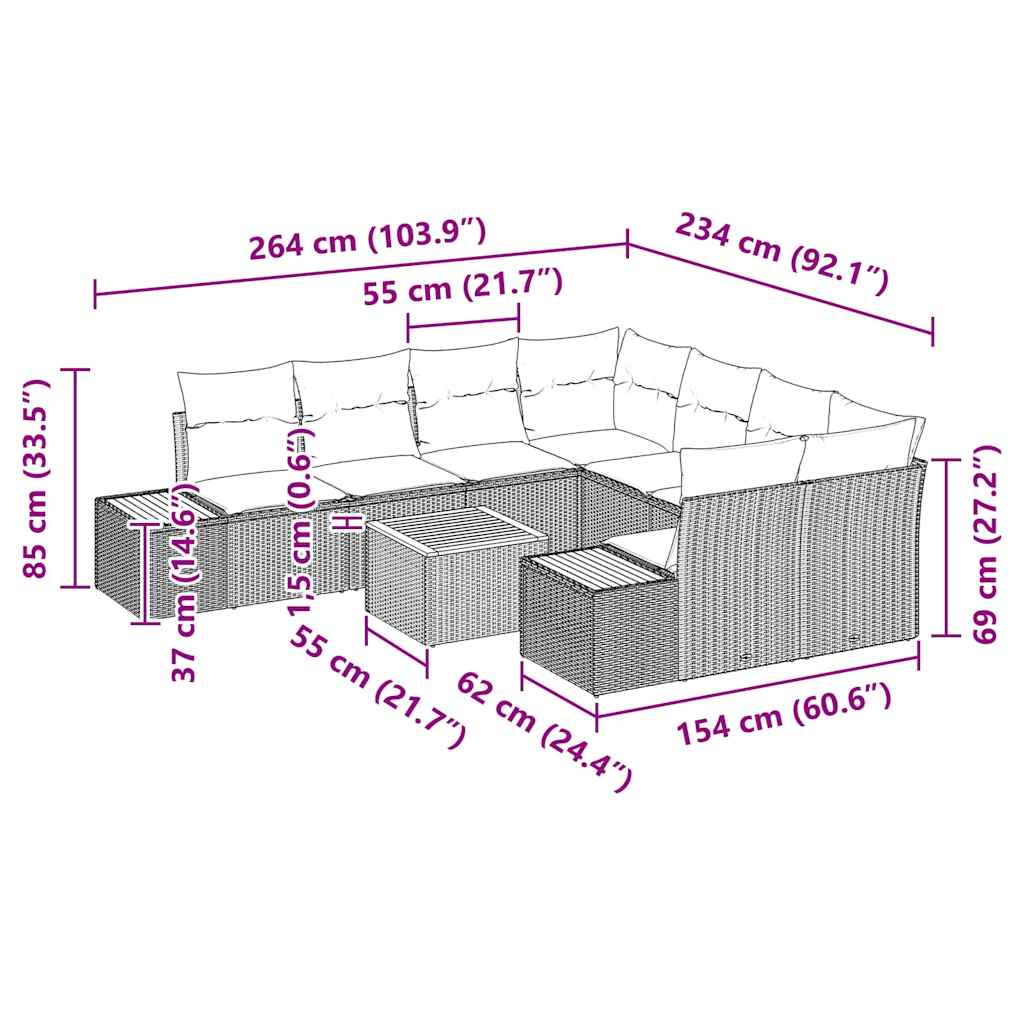 Gartensofa-set 9 stk. Grau Poly Rattan