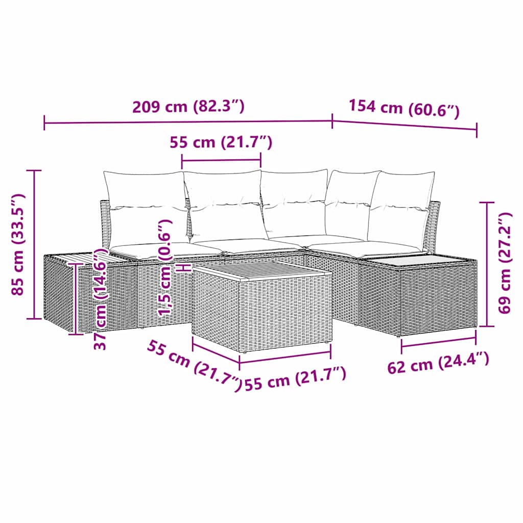Gartensofa-set 5 stk. Beige Poly Rattan