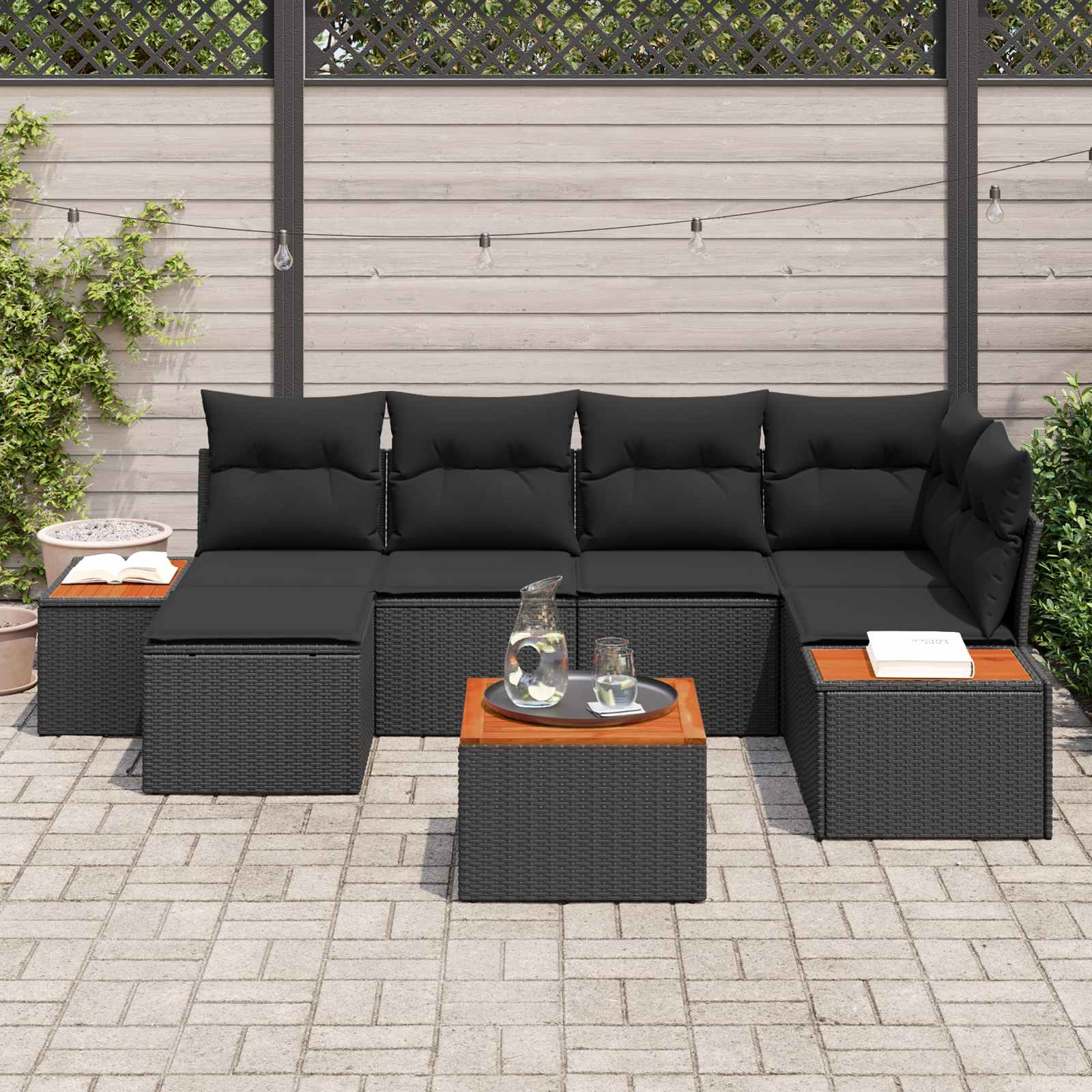 Gartensofa-set 7 stk. Schwarz Poly-Rattan